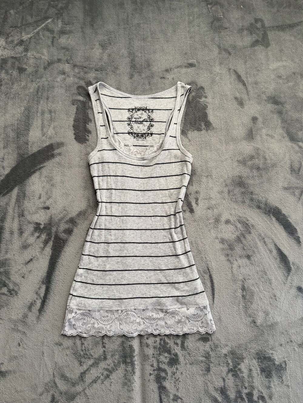 rue21 Gray and Black Striped Ribbed Tank Top with Lace Hem Size Small